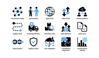 Fototapeta premium Supply chain and safety icons arranged in grid on white