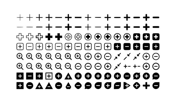 Black and white plus minus icon vector set with medical and add symbols