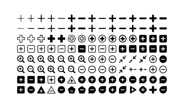 Monochrome plus minus icon pack with medical cross vector illustrations
