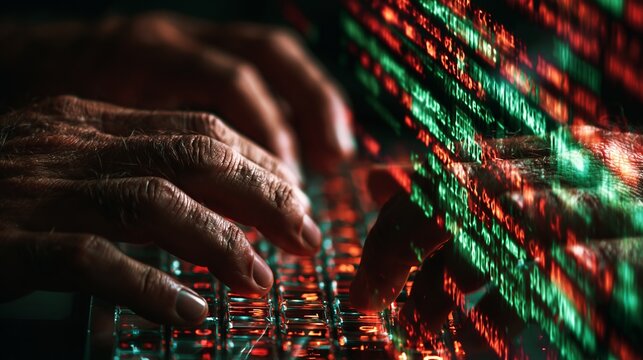 A person's hands typing on a keyboard with red and green stock market data on a screen