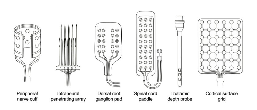 Neural interface electrode array diagram illustrating various medical microelectrodes like cortical surface grid, peripheral nerve cuff, and spinal cord stimulation implants for BCI research.