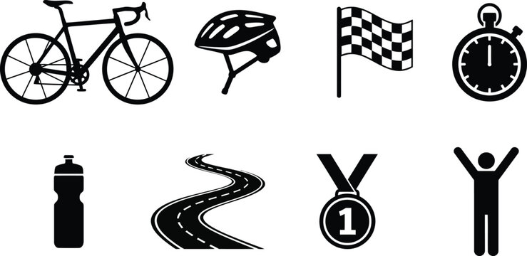 Set of sports and cycling icons with bike, helmet, water bottle, race road, medal, finish pose and stopwatch Vector