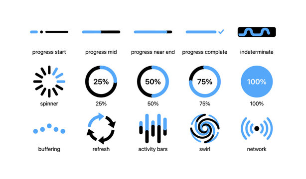 Progress and activity icons showing loading states on white background