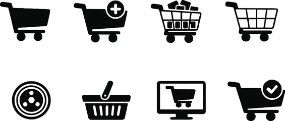 Shopping cart icons set with add, fill, and check symbols for online store and delivery Vector © MstSonia