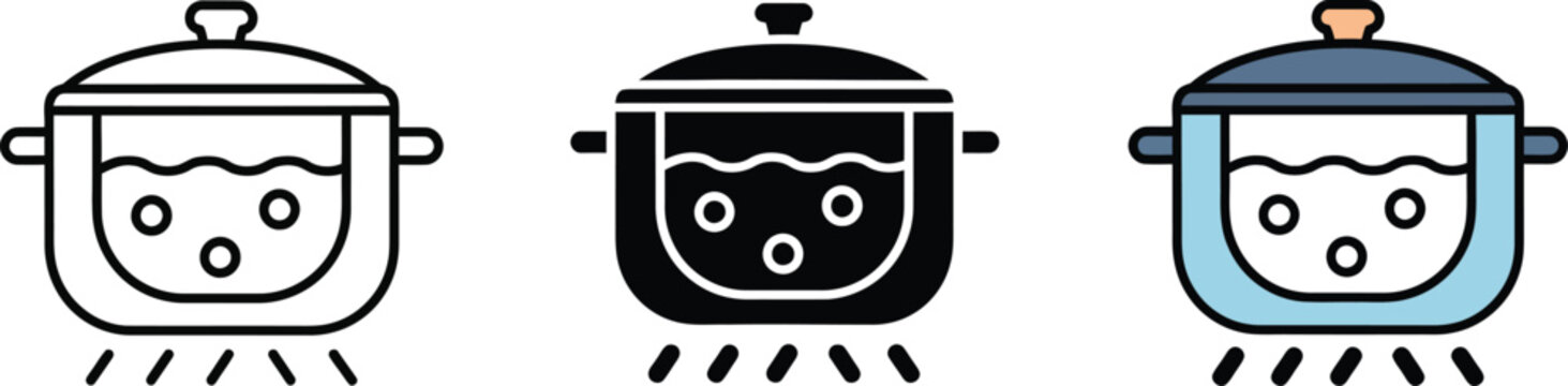 Three pots with lids boiling on stove showing different water levels and bubbles Vector