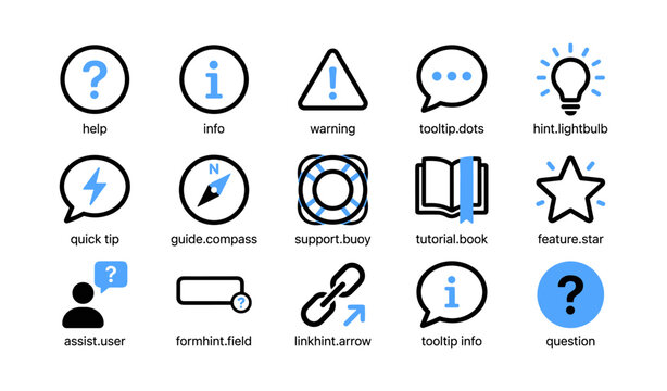 Help and guidance icons depicting tips, support and information