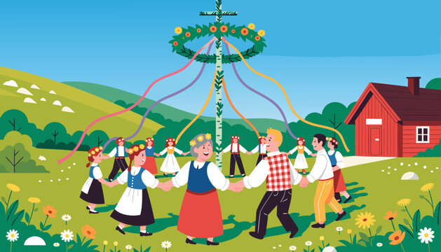 Traditional Swedish Midsummer Maypole Dancing Vector Illustration