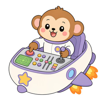 Cute monkey astronaut cartoon style piloting spaceship colorful control panel cheerful expression space adventure stars rocket flames