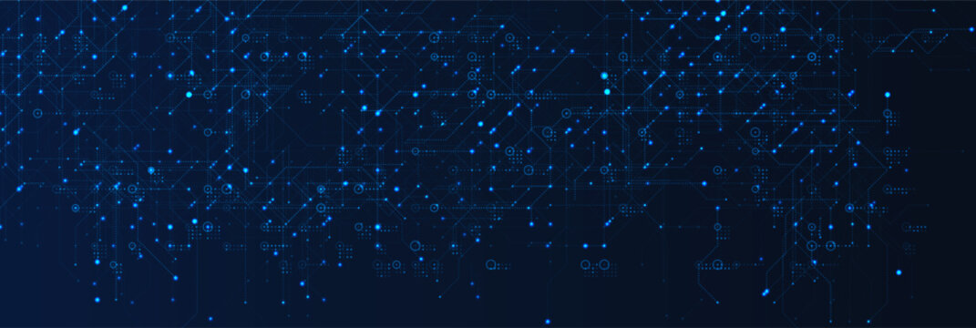 Cyber technology circuit network, digital data background. Futuristic neon motherboard pattern for web banner, cybersecurity, AI, blockchain design. Vector illustration.