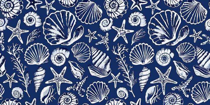 Nautical shell pattern with starfish and seaweed in blue and white