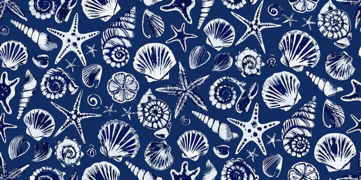 Nautical shell and starfish pattern in blue and white tones
