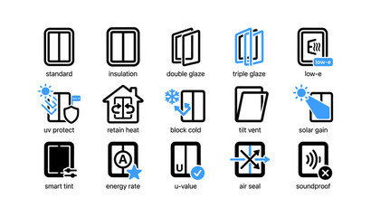 Fototapeta premium Window and glazing performance icons illustrating insulation features