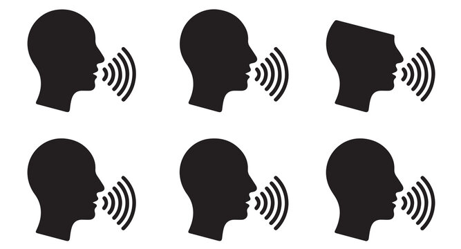 Silhouette profile heads with sound waves icons representing voice control and messaging.
