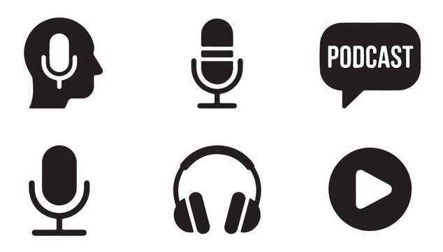 Podcast and audio broadcast icons featuring microphone headphones play button and speech.