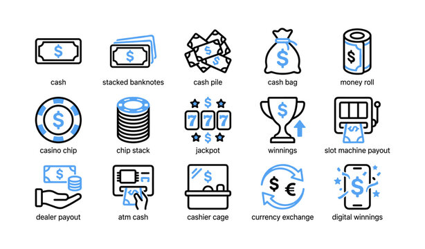 Money and casino payout icons arranged in grid showing cash and chips