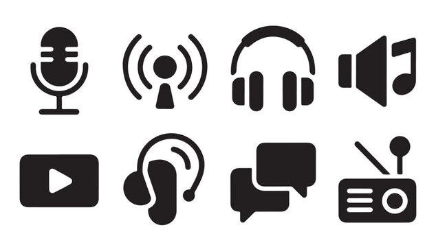 Radio and audio communication icons including speaker headphones antenna and chat bubbles.