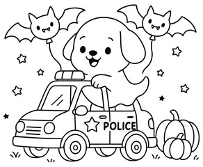 Cute ghost puppy drives police car with bat balloons and pumpkins. © ArifulIslam
