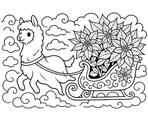 Naklejka premium Flying llama pulling sleigh full of poinsettia flowers coloring book page design for kids.