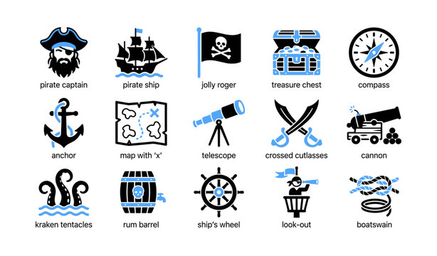 Pirate themed icons showing nautical objects in grid layout
