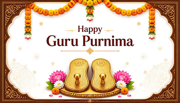Happy guru purnima greeting with traditional paduka sandals and flowers