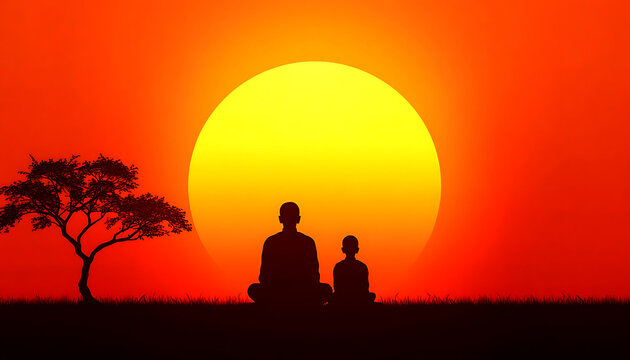 Silhouette of teacher and student meditating at sunset for guru purnima