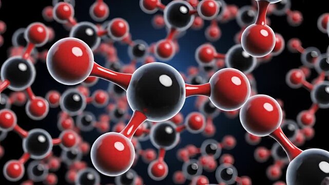 Abstract 3D molecular structure visualization with carbon and oxygen atoms.