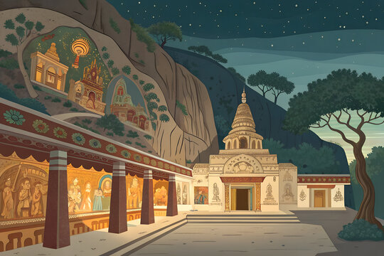 Ajanta cave temples with ancient Buddhist murals, warm lighting, vector heritage art