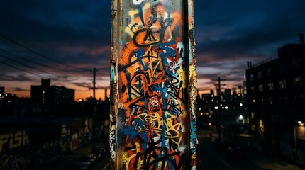 Urban graffiti on a metal pillar against a city sunset background