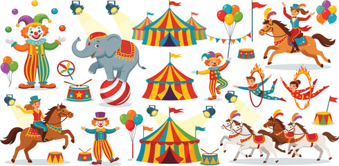 Cute cartoon circus show elements vector set with vintage tents performers animals and clowns © Mahan