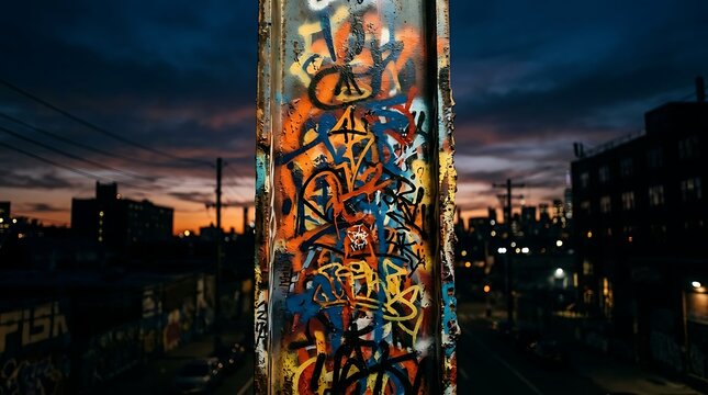Urban graffiti on a metal pillar against a city sunset background