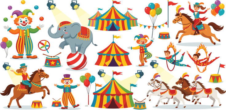 Cute cartoon circus show elements vector set with vintage tents performers animals and clowns