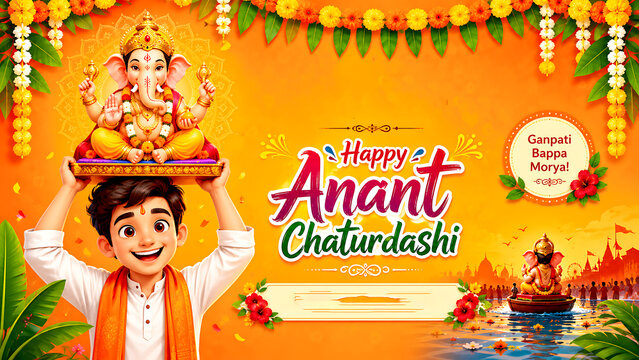 Happy anant chaturdashi festival illustration with young boy carrying lord