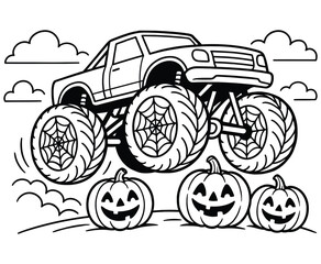 Monster truck jumping over jack o lantern pumpkins with spider web wheels coloring vector. © ArifulIslam