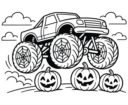 Monster truck jumping over jack o lantern pumpkins with spider web wheels coloring vector.