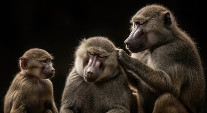Three baboons grooming each other against a dark background wildlife portrait
