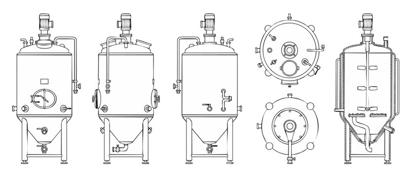 Bioreactor fermenter tank vector schematic featuring orthographic technical drawings, engineering blueprint views, cross-section details, agitator vessel, and industrial manufacturing machinery layout