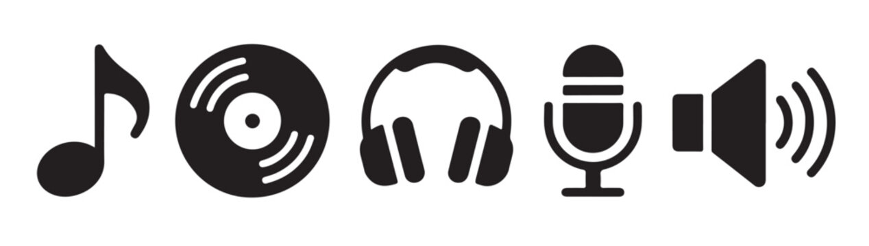 Set of five music icons including note vinyl record headphones microphone and speaker.