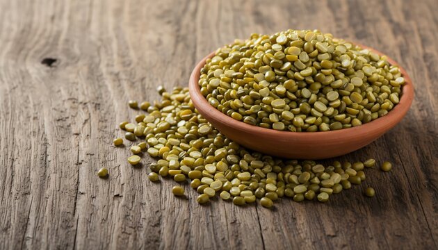 Heap of Split Green Moong Chilka Dal Lentils in Terracotta Saucer