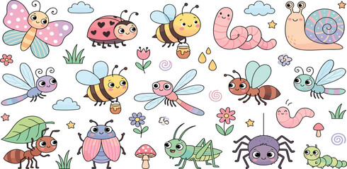 Cute cartoon garden insects vector set with butterfly bee ladybug snail and spider © Mahan