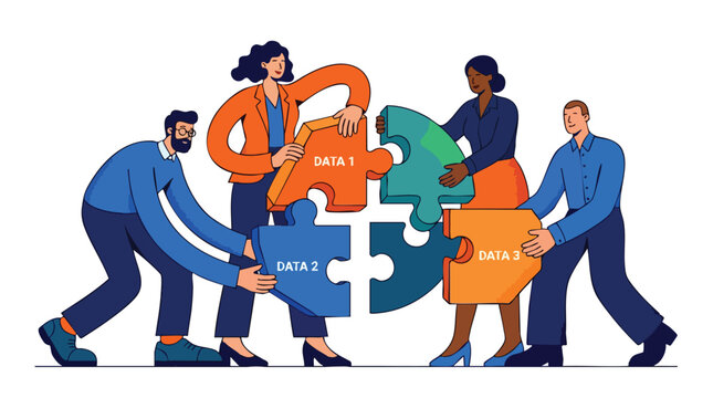 Empowered business visionaries achieving collective success by harmonizing fragmented data insights into a unified strategy for market dominance