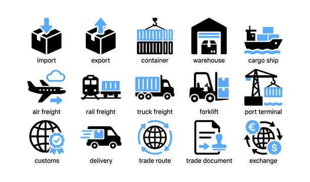 Logistics and freight icons showing transport and trade symbols