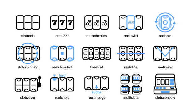 Slot machine reel icons showing gambling controls on white grid