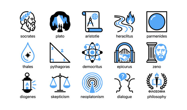 Ancient philosopher icons representing thinkers schools and doctrines