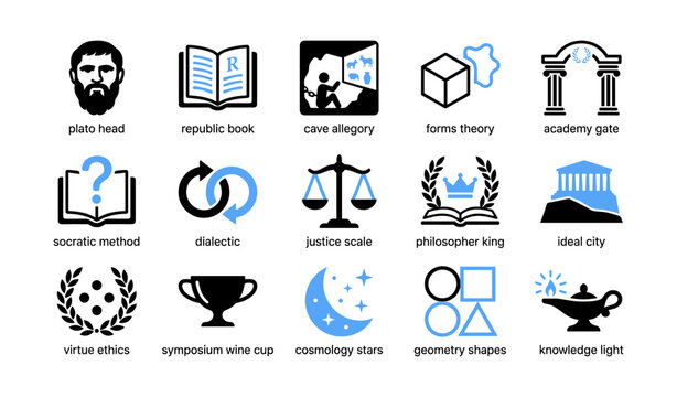 Classical philosophy icons depicting plato concepts and academy