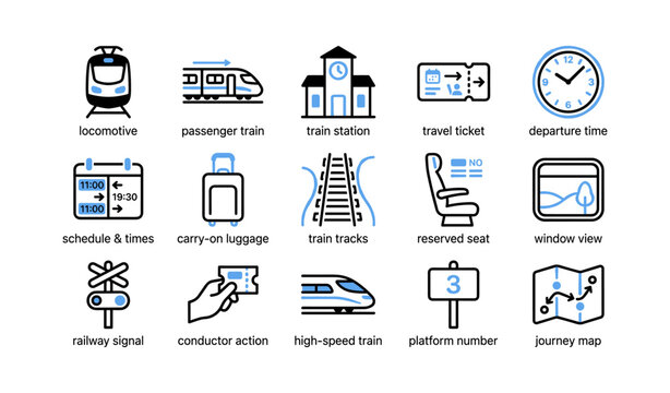 Train travel icons showing tickets schedules and station elements