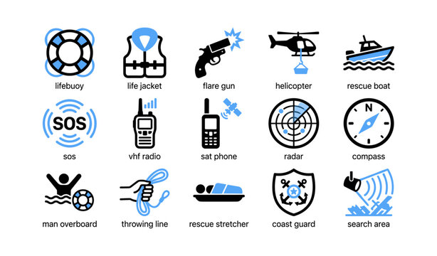 Maritime rescue icons showing safety equipment and sea setting