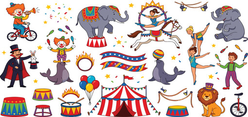 Cute cartoon vintage circus collection vector set with carnival tents performers trained animals and clowns © Mahan