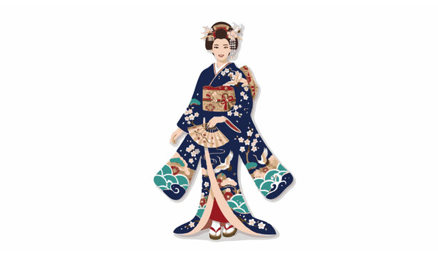 Traditional Japanese kimono illustration with floral patterns and elegant cultural fashion vector design