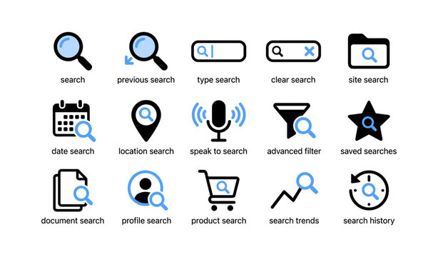 Search and filter interface icons showing various search functions