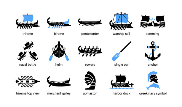 Ancient warship and galley icons depicting triremes and anchors